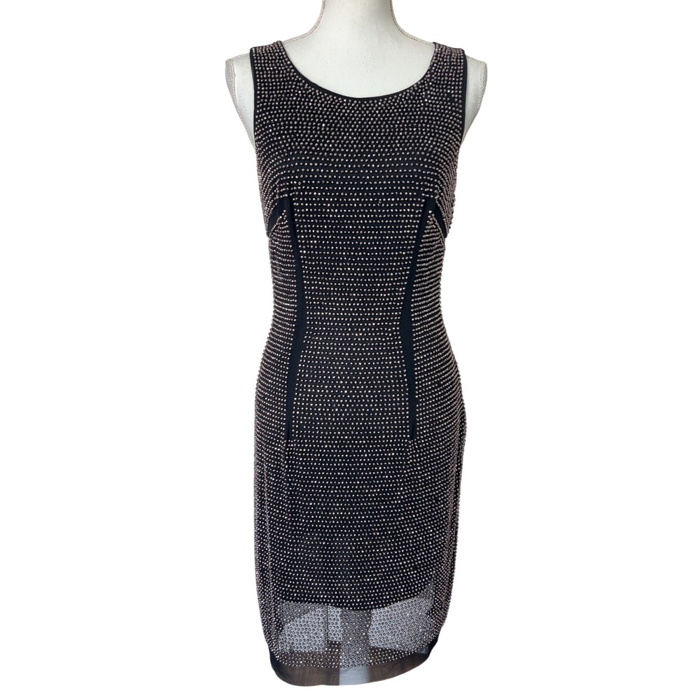 Vintage Cache embellished studded mesh bodycon Y2K black cocktail dress SZ: M